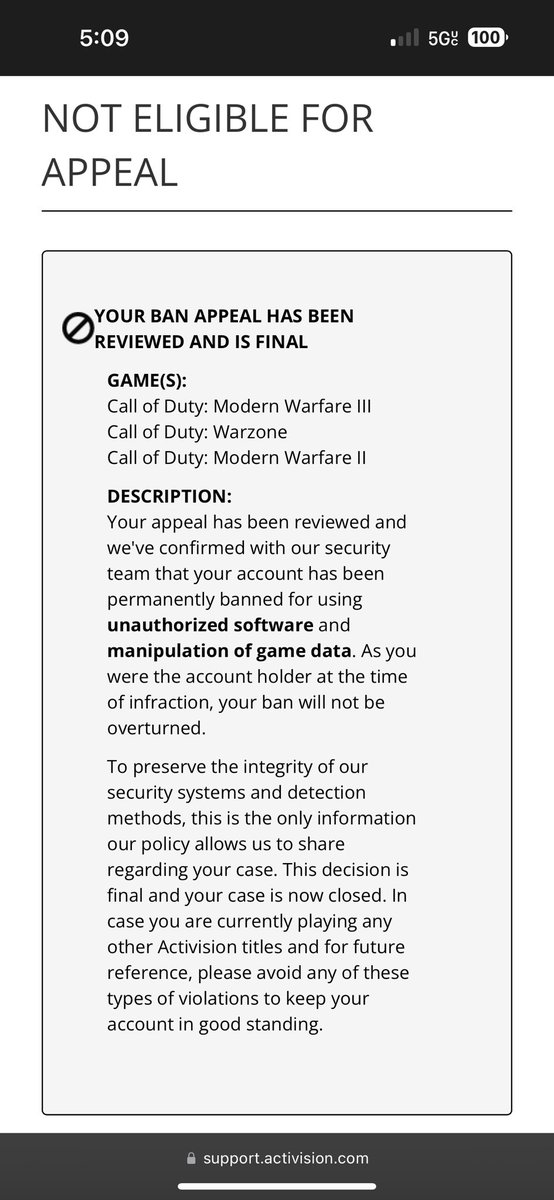 Frank749012's tweet photo. @CODUpdates @CODUpdates @ATVIAssist  can I get help whit my account I’m a console gamer and never played on pc and I haven’t been playing cod for a few weeks now but got on and got banned for no reason reached out to support and got my appeal denied and hit whit this response LOADING#2150494 https://t.co/ow3YuTdYHn