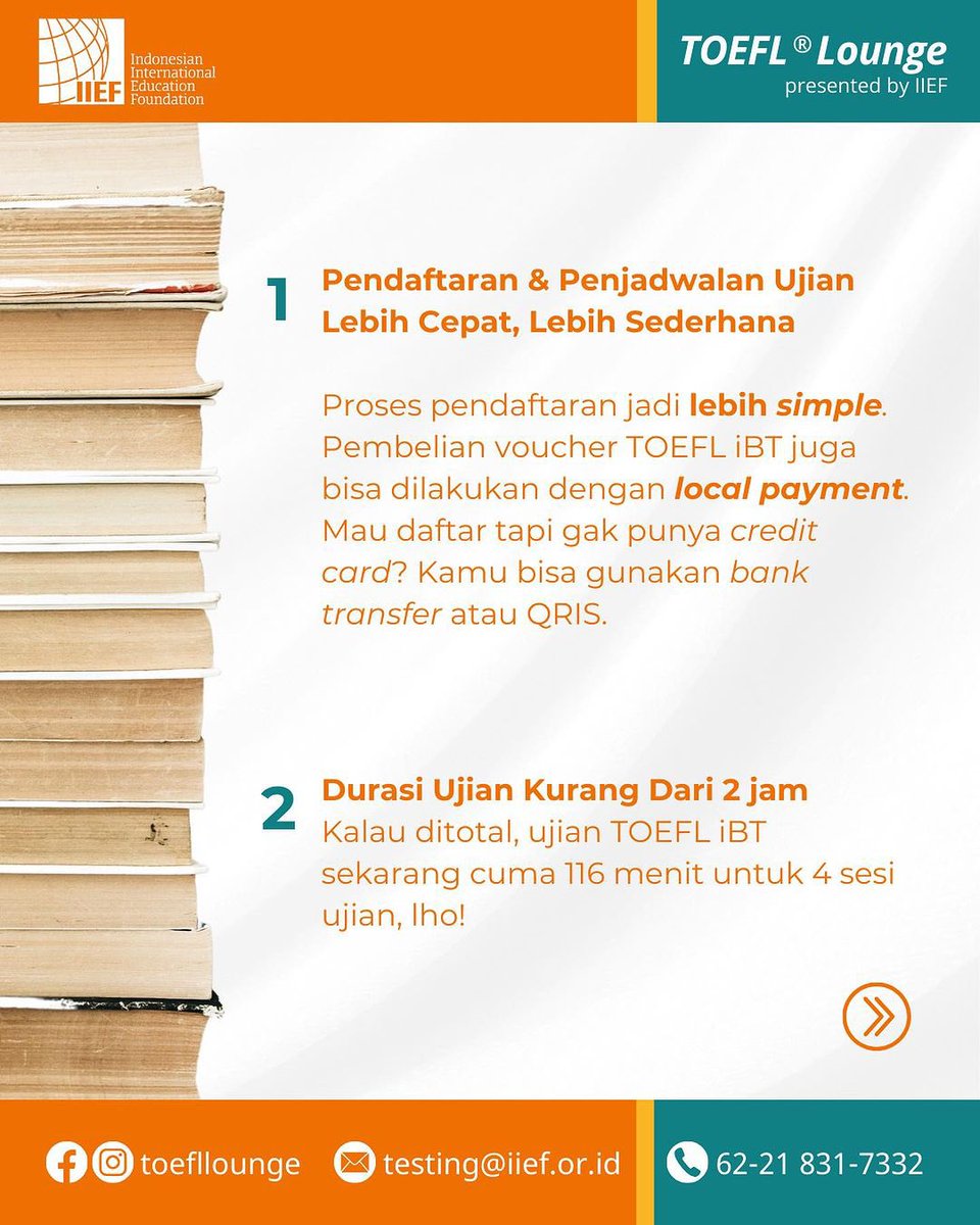 IIEFJakarta's tweet photo. TOEFL iBT ini berlaku sejak 26 Juli 2023. Jadi cek slide di atas untuk informasinya, ya! Kamu juga bisa hubungi atau kunjungi kami di TOEFL Lounge untuk informasi TOEFL yang lengkap dan akurat.
#toeflibt #testoefl #toefl #toefllounge https://t.co/ttK8t3lB5y