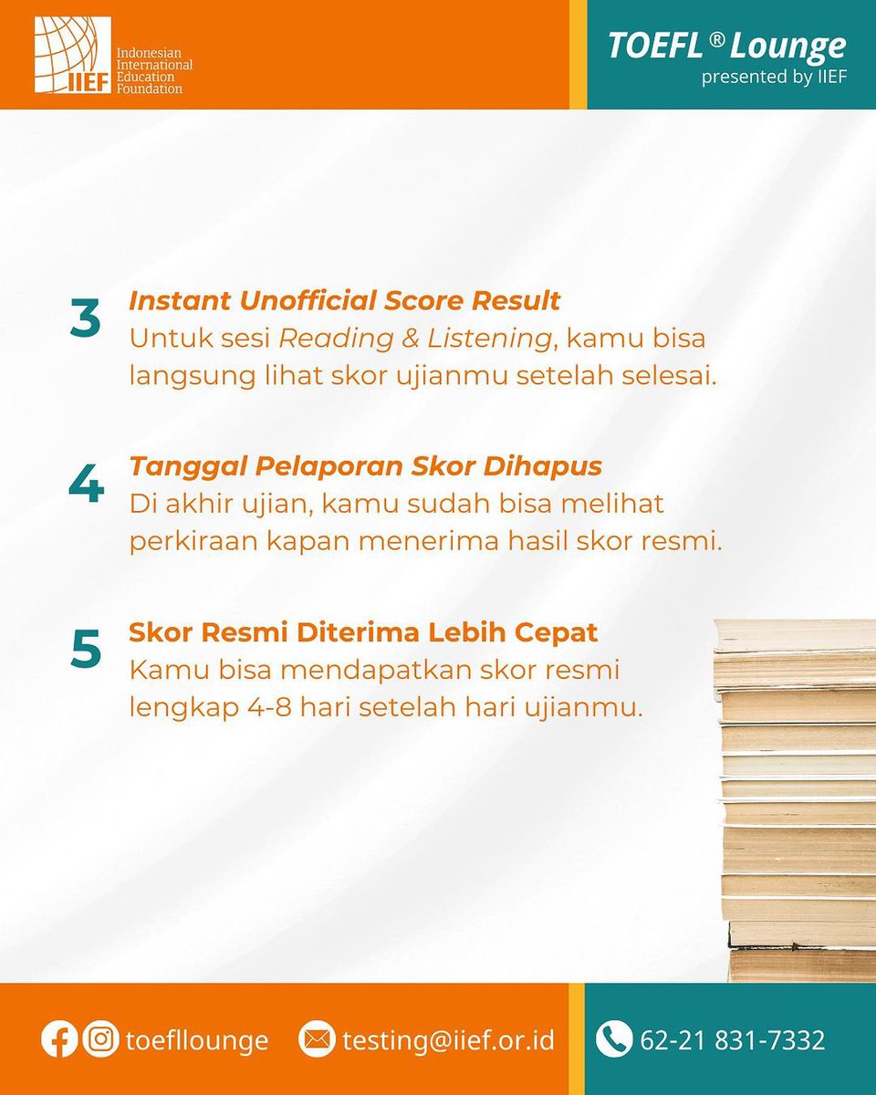 IIEFJakarta's tweet photo. TOEFL iBT ini berlaku sejak 26 Juli 2023. Jadi cek slide di atas untuk informasinya, ya! Kamu juga bisa hubungi atau kunjungi kami di TOEFL Lounge untuk informasi TOEFL yang lengkap dan akurat.
#toeflibt #testoefl #toefl #toefllounge https://t.co/ttK8t3lB5y