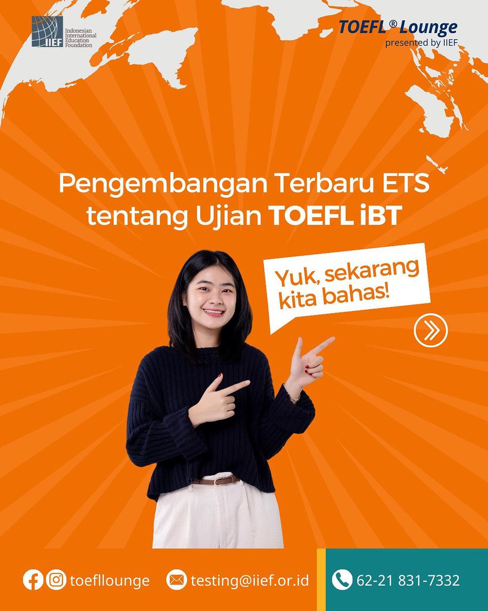 IIEFJakarta's tweet photo. TOEFL iBT ini berlaku sejak 26 Juli 2023. Jadi cek slide di atas untuk informasinya, ya! Kamu juga bisa hubungi atau kunjungi kami di TOEFL Lounge untuk informasi TOEFL yang lengkap dan akurat.
#toeflibt #testoefl #toefl #toefllounge https://t.co/ttK8t3lB5y