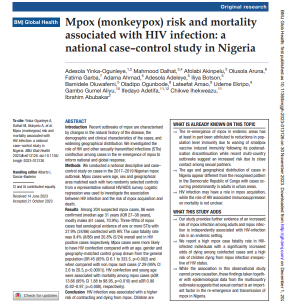 Now published in <a href="/GlobalHealthBMJ/">BMJ Global Health</a>  gh.bmj.com/content/8/11/e…
In endemic setting: mpox is independently associated with HIV infection risk; sexual contact is an important factor
<a href="/NCDCgov/">NCDC</a> <a href="/NACANigeria/">NACA Nigeria</a> <a href="/UCLGlobalHealth/">UCL Global Health</a> @UCLLibraries <a href="/ProfIAbubakar/">Ibrahim Abubakar</a>  <a href="/IfedayoTiffy/">Ifedayo Adetifa</a>  <a href="/Chikwe_I/">Chikwe Ihekweazu</a> <a href="/DrGGAliyu/">Dr. Gambo Aliyu</a>