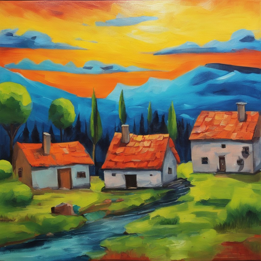 Warmth radiates from this serene landscape, where fiery skies meet tranquil homes. It’s a rustic reverie in oil! #LandscapeArt #OilPainting #SunsetVibes