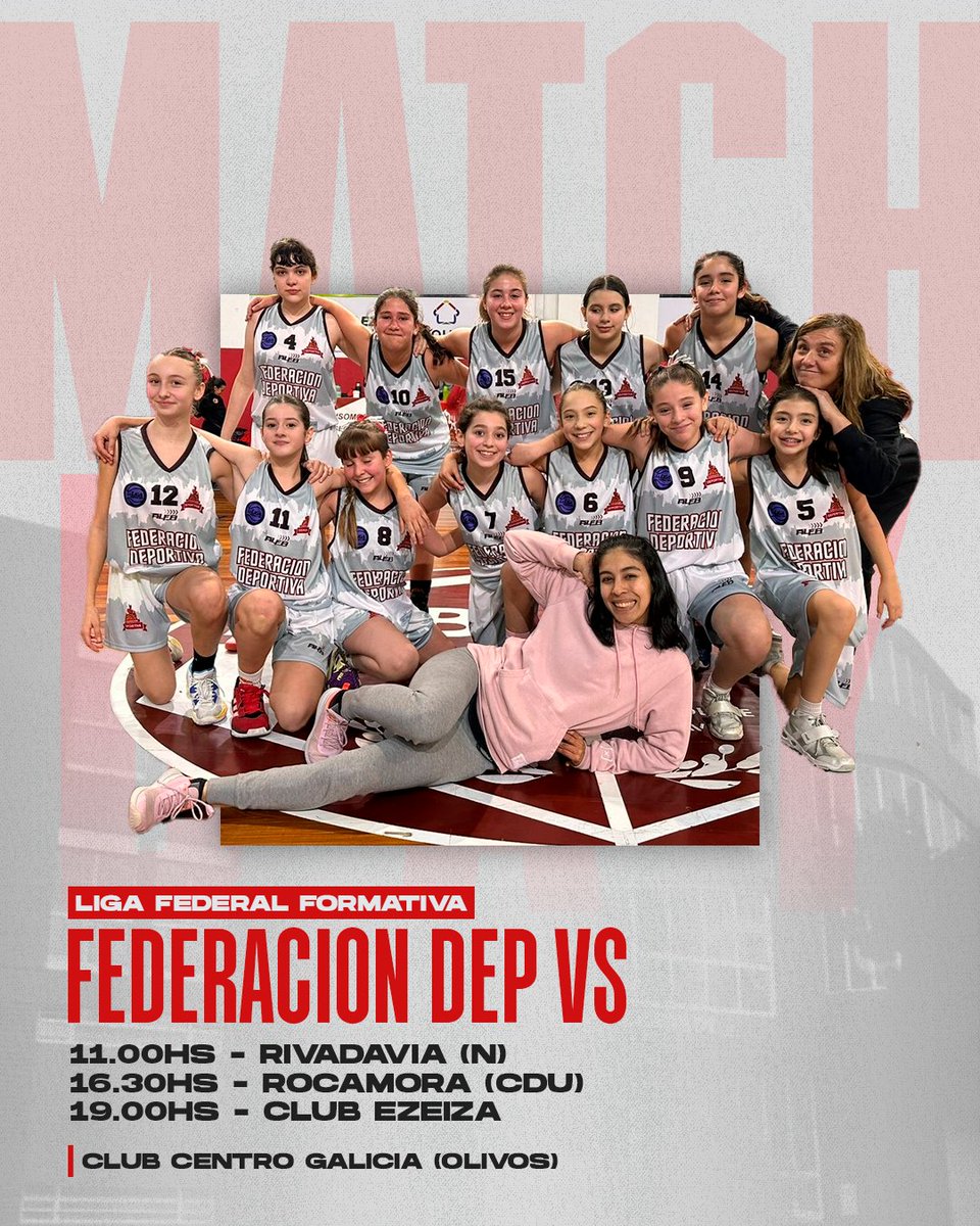 🔴 LFF U12: MATCHDAY

👉 Liga Federal Formativa U12 - Fase Final
🕖 Sábado 02/12
◼ 11.00hs - vs Rivadavia (N)
◼ 16.30hs - vs Rocamora (CdU)
◼ 19.00hs - vs Club Ezeiza
🏟 Club Centro Galicia (Olivos)
📺 Basquetpass.tv

#SomosLaFede 🇦🇹