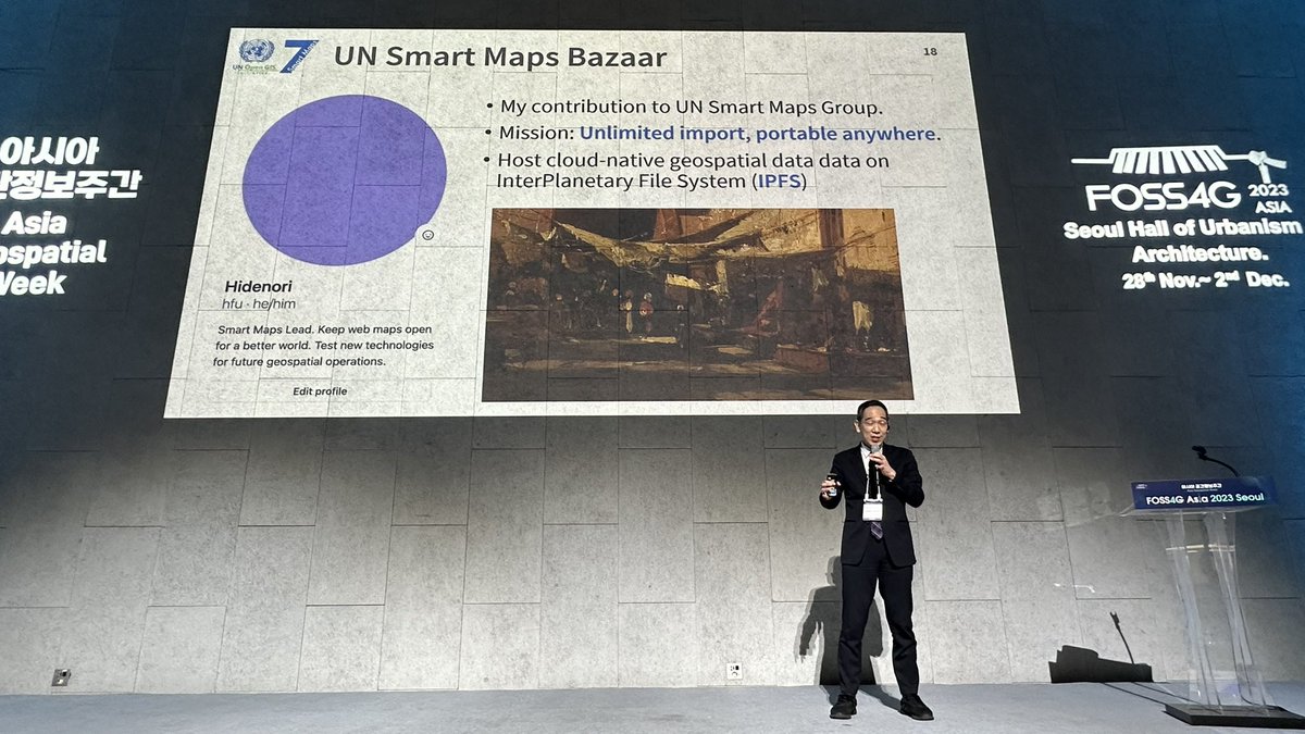 Kyoung-Soo Eom (@kyoungsooeom) on Twitter photo Hidenori Fujimura delivers his keynote on UN Smart Maps at <a href="/foss4g_asia2023/">FOSS4G Asia 2023 Seoul</a> in Seoul Hidenori Fujimura delivers his keynote on UN Smart Maps at <a href="/foss4g_asia2023/">FOSS4G Asia 2023 Seoul</a> in Seoul