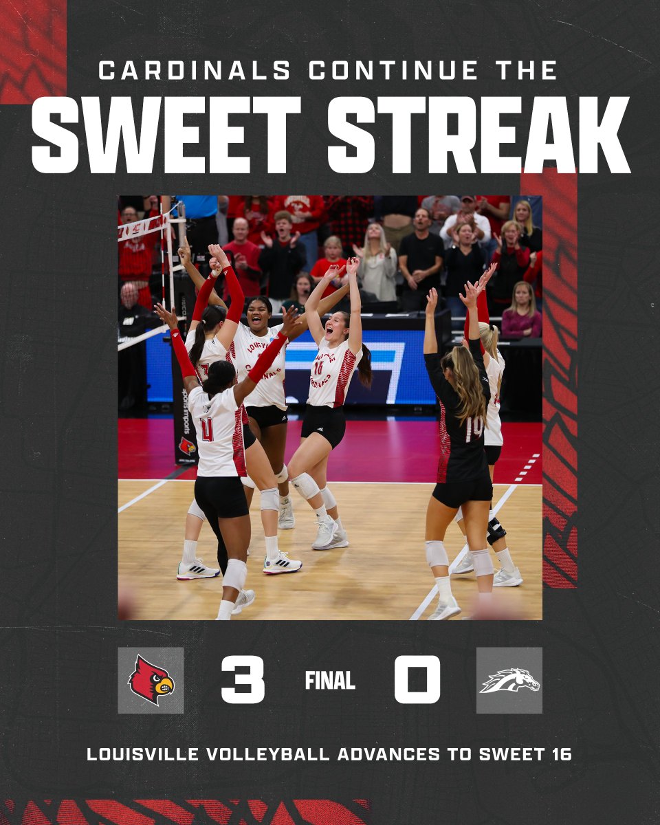 LouisvilleVB's tweet photo. The sweep makes us sweet 😏

Cards win and advance to the Sweet 16 ‼️

#GoCards x #ForTheVille https://t.co/Hn5Kw2OCGG