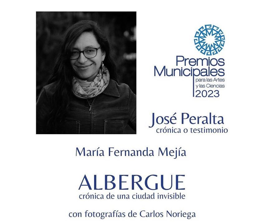 'Albergue' recibió hoy el premio José Peralta a la mejor crónica. <a href="/Fermaria/">María Fernanda Mejía</a> construyó su texto con dedicación,cariño,empatía,respeto, y una autocrítica tenaz. Estoy tan orgullosa y feliz por ti,amiga querida♥️.Salud por ti y por el Rey del Universo a quien llegaste con <a href="/cnfoto28/">Carlos Noriega</a>