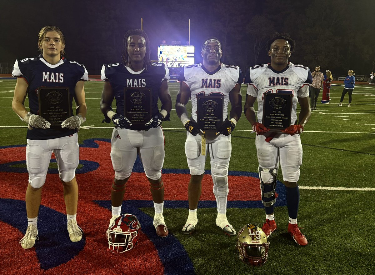 Congratulations to the MVP’s for tonight’s MAIS 4A-5A-6A All-Star Football Game. Blue Team - Ben Jackson, Leake Academy (Offense) &amp; Zed Washington, Parklane Academy (Defense). White Team - Omar Scott, Winston Academy (Offense) &amp; Chris Jones, Hartfield Academy (Defense). Pictured