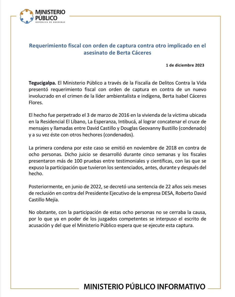 #ÚLTIMAHORA Ministerio Público presenta requerimiento fiscal contra Daniel Atala por el caso del asesinato de la lider indigena ambientalista Berta Cáceres... 👇