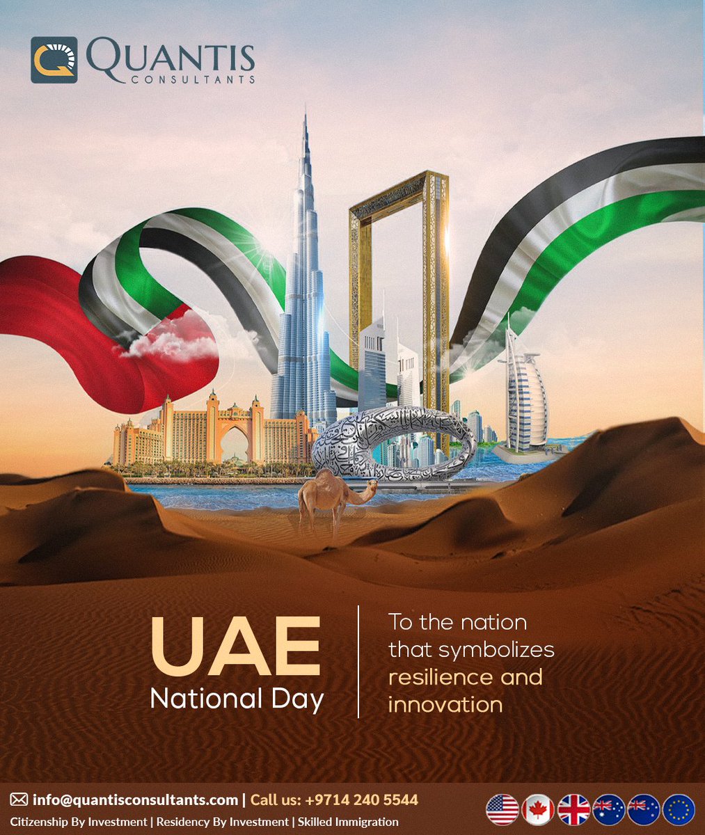 QuantisUAE's tweet image. Let's celebrate the legacy of resilience and innovation that shapes this remarkable nation. 

Happy UAE National Day! 

#QuantisConsultants #UAENationalDay #UAECelebration #UAEpride #CelebratingUnity #Culture #Richness #NationsLegacy #Dubai