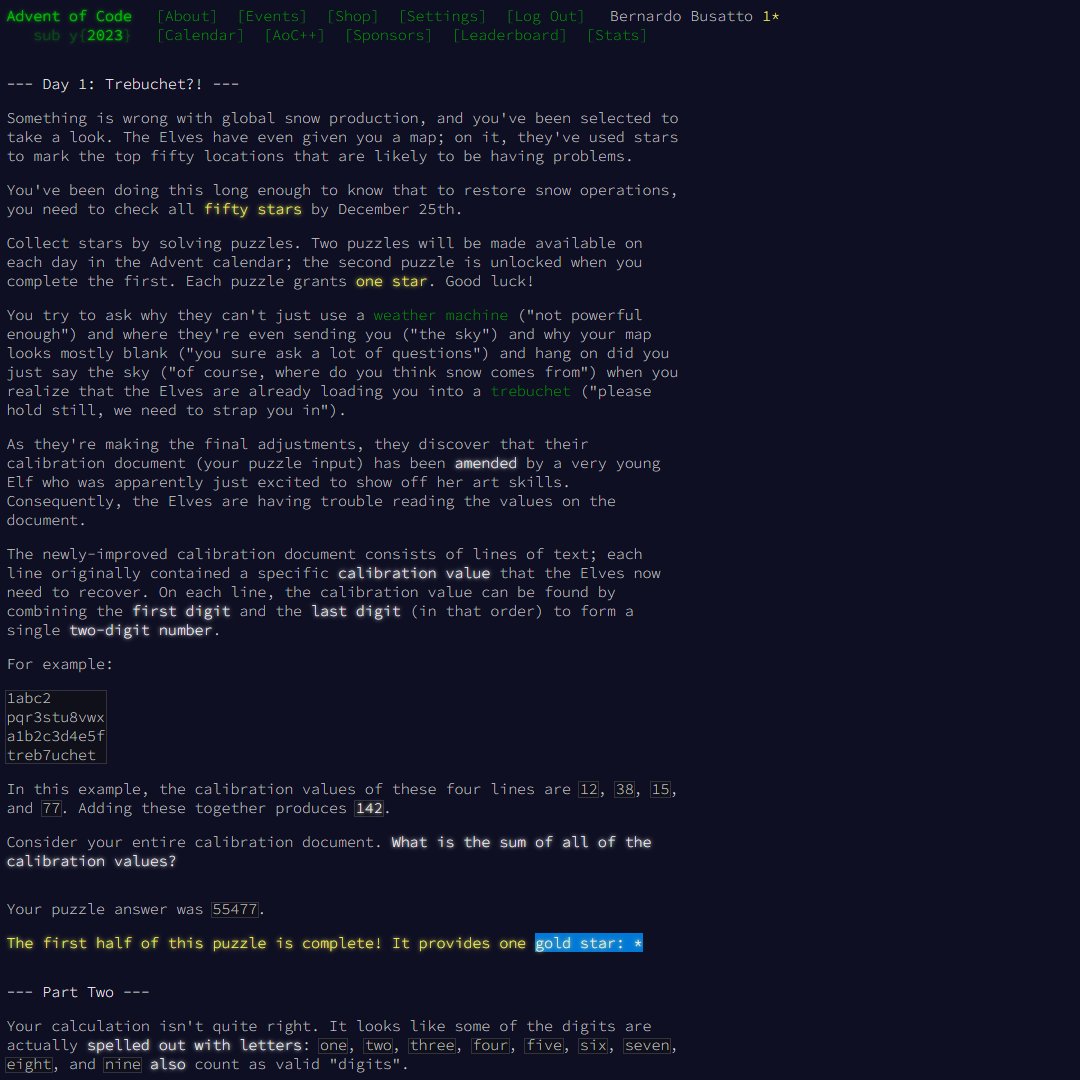 Primeiro desafio resolvido. Agora pra segunda parte preciso aprender regex...

#AdventOfCode