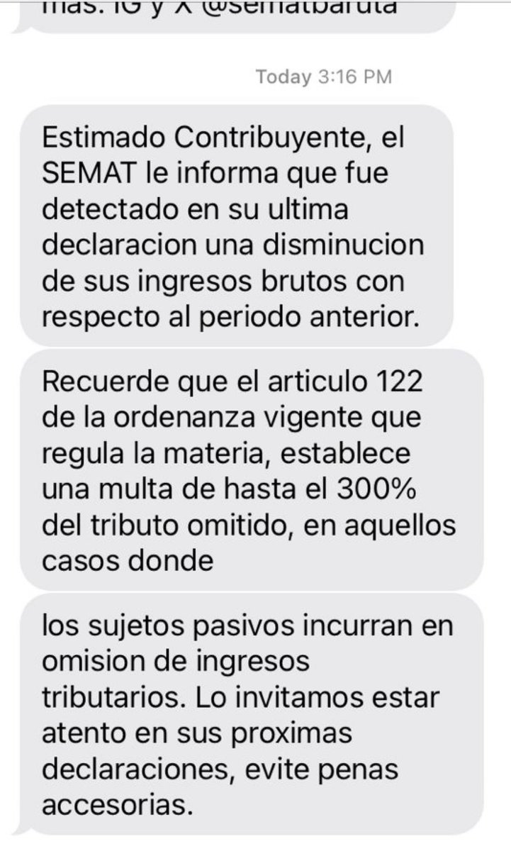 La SEMAT Baruta tiene la cachaza de enviar esta nota a los contribuyentes. 
ignoran que Fospuca, Cantv, y Corpoelec, con su indexado y el atraco de 2% del IGTF, los tiene secos amen de que los negocios han mermado. Asumen que les están ocultando ingresos, y amenazan. El ladrón…
