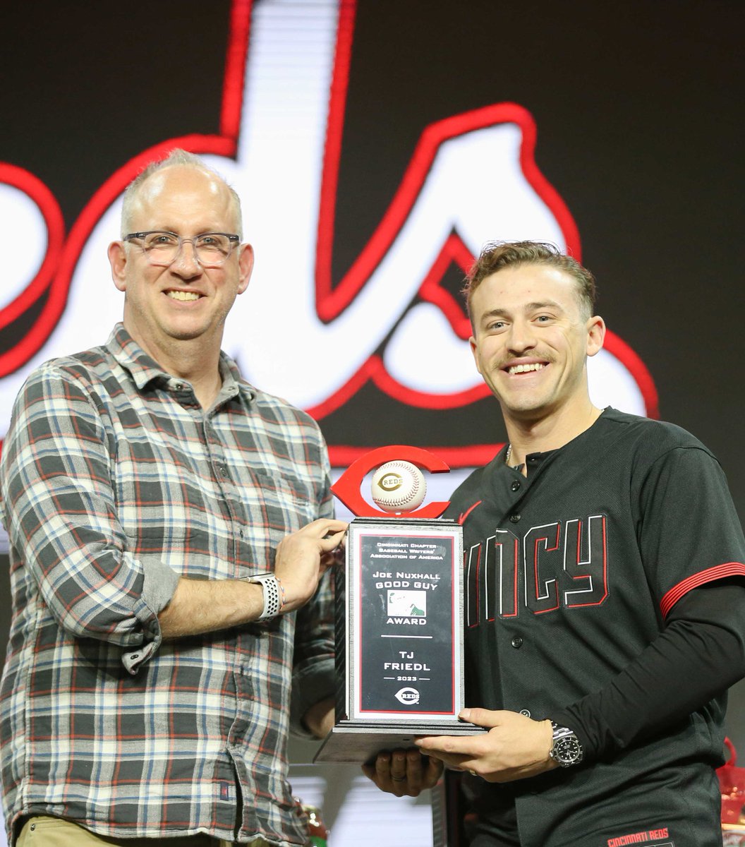 Reds's tweet photo. Congrats to our 2023 Team Award winners!

🔴 Ernie Lombardi Team MVP: Spencer Steer
🔴 Joe Nuxhall Good Guy Award: TJ Friedl 
🔴 Johnny Vander Meer Pitcher of the Year: Alexis Díaz

#Redsfest https://t.co/h59COuZMTg
