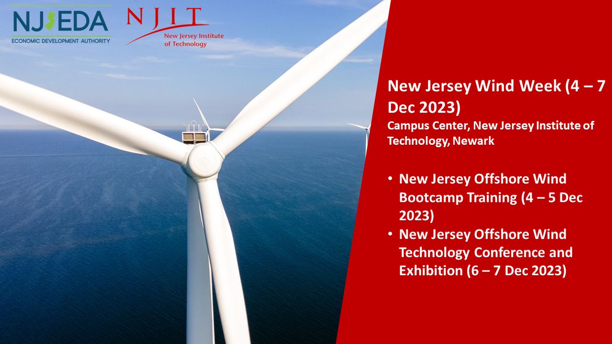 NJITWind's tweet photo. Final Call! The New Jersey Wind Week (Bootcamp, Conference) is coming next week (4-7 Dec) at the Campus Center, New Jersey Institute of Technology, Newark, NJ, United States. Please register and join the events. 

<<New Jersey Offshore Wind BOOTCAMP TRAINING>> (Winter Session, 4 New Speakers with 4 New Courses!)
 (4 – 5 Dec 2023)
  https://t.co/wZswMkObIQ

 -Two-day rigorous fast-paced training with 8 courses to help transition into offshore wind industry.

 - 4 new speakers with 4 new courses 

 -OFFSHORE WIND CAREER EXHIBITION on the 2nd day: network with hiring managers and submit resume

 -Certificate of completion with 14 hours of PDH

 -Cover offshore wind generation, cabling, offshore wind construction, offshore substation, grid interconnection, wind policy, and operation & maintenance

 -Constitute as one credit towards a graduate certificate in offshore wind

 -Registration includes the parking, breakfast, lunch, and refreshments

 -Email as594@njit.edu for registration or Eventbrite:

 https://t.co/sNhfoCP3ll

<<New Jersey Offshore Wind Technology CONFERENCE>> 
 (6 – 7 Dec 2023)
https://t.co/kxIwg04Utx

 -Two-day conference with more than 50 speakers from over 30 organizations in government, industry and academia, and poster presentations

 -Keynote Speakers and Panelists from Department of Energy, Bureau of Ocean Energy Management, New Jersey Board of Public Utilities, New Jersey Economic Development Authority, PJM Interconnection, EPRI, Atlantic Shores, Attentive Energy, Invenergy, PSEG, Rise Light & Power, New Jersey Universities 

 -OFFSHORE WIND CAREER EXHIBITION on the 1st day (6 Dec): network with hiring managers and submit resume

 -Proceeding publication in Energies (open access, IF=3.2) and IEEE Magnetics Letters (IF=1.5).

 -Registration includes the parking, breakfast, lunch, and refreshments

 -Email as594@njit.edu for registration or Eventbrite:

https://t.co/O3mmdc3PAz    

@NJIT @NJEDA @NJITWIND #NJWindWeek #NJWindBootcamp #NJWindConf
