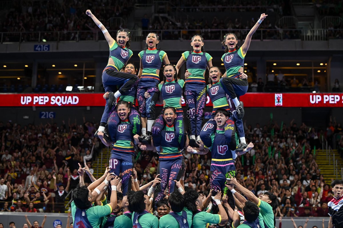 RapplerSports's tweet photo. GUSTO MO BANG SUMAMA? 🎶

The UP Pep Squad fights for the UAAP Cheerdance Competition title with an Eraserheads-themed routine. Will their team reach greater heights this year? #UAAPCDC2023 #AlapaUP https://t.co/dD58iyQOMP