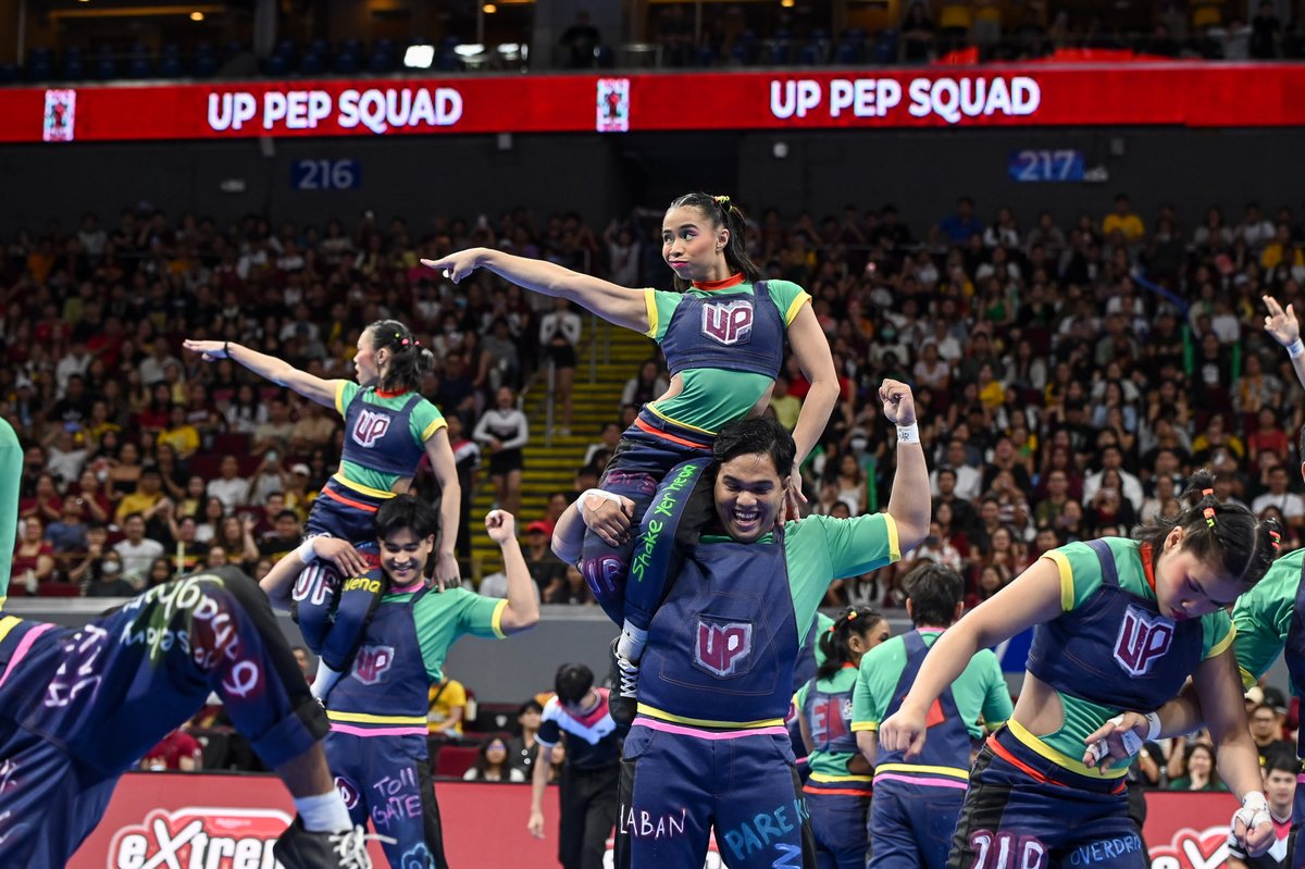 RapplerSports's tweet photo. GUSTO MO BANG SUMAMA? 🎶

The UP Pep Squad fights for the UAAP Cheerdance Competition title with an Eraserheads-themed routine. Will their team reach greater heights this year? #UAAPCDC2023 #AlapaUP https://t.co/dD58iyQOMP
