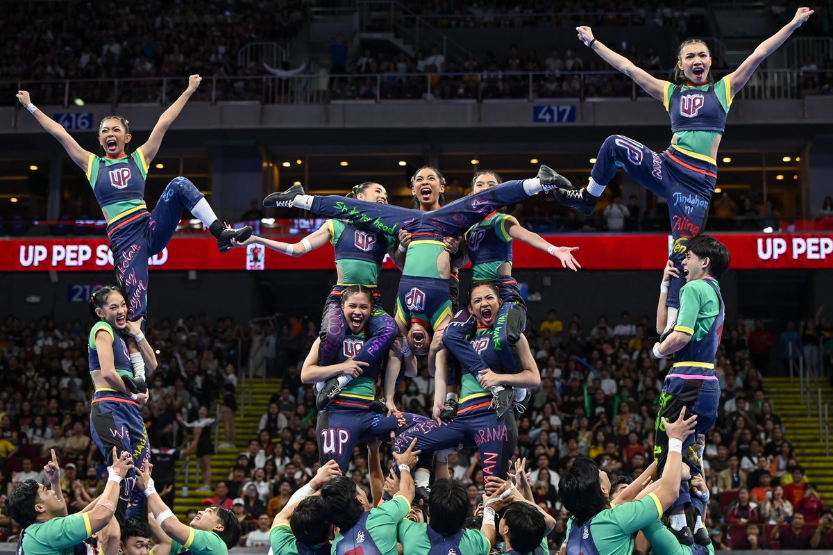 RapplerSports's tweet photo. GUSTO MO BANG SUMAMA? 🎶

The UP Pep Squad fights for the UAAP Cheerdance Competition title with an Eraserheads-themed routine. Will their team reach greater heights this year? #UAAPCDC2023 #AlapaUP https://t.co/dD58iyQOMP
