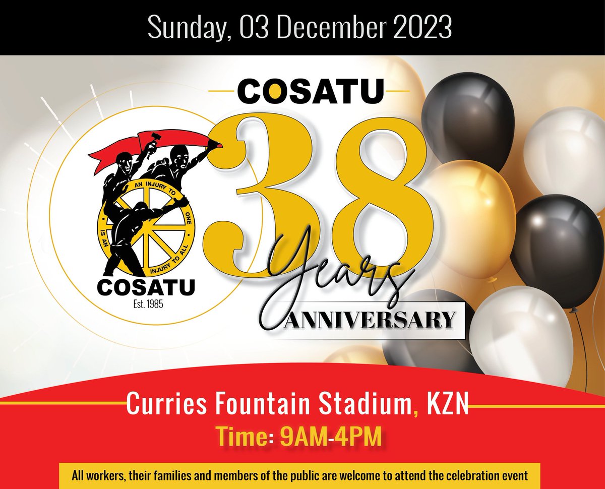 _cosatu's tweet photo. Media Alert:
#COSATU President Zingiswa Losi scheduled to address workers at the federation’s #38Anniversary celebration on Sunday, 3rd December at the Curries Fountain stadium in Durban @eNCA #HappyBjrthdayCOSATU https://t.co/LZveRRrDAw
