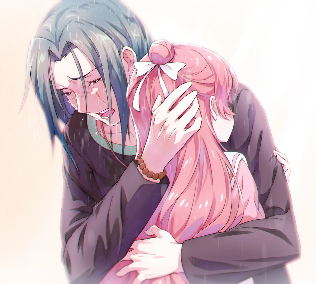 crying hug long hair 1boy 1girl pink hair tears  illustration images