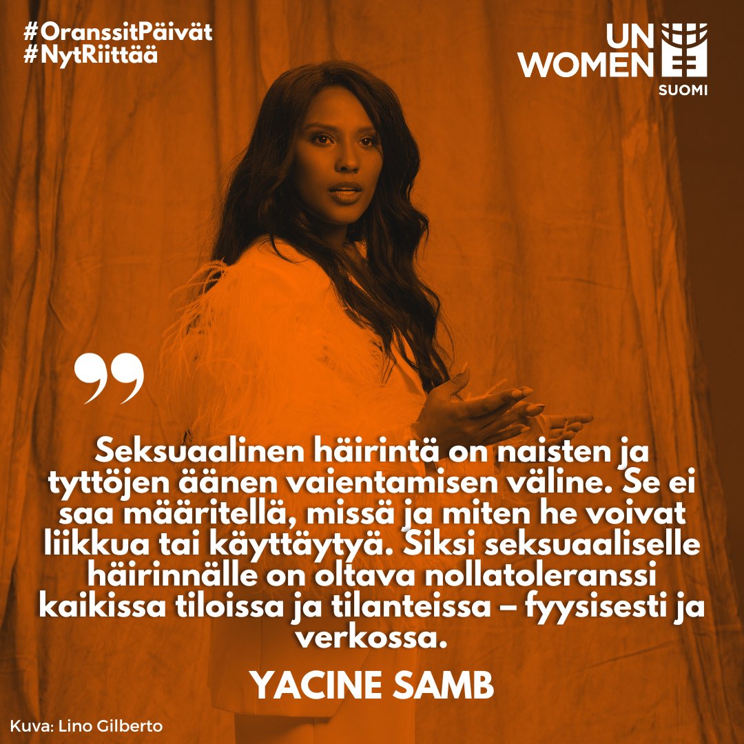 "Seksuaalinen häirintä on naisten ja tyttöjen äänen vaientamisen väline." <a href="/yacinesamb/">Yacine Samb | Change Artist</a> 
Seksuaalinen häirintä uhkaa naisten hyvinvointia&amp;kaventaa heidän asemaansa yhteiskunnassa.
Vaadi konkreettisia tekoja seksuaalisen häirinnän lopettamiseksi: unwomen.fi/osallistu/alle…
#NytRiittää