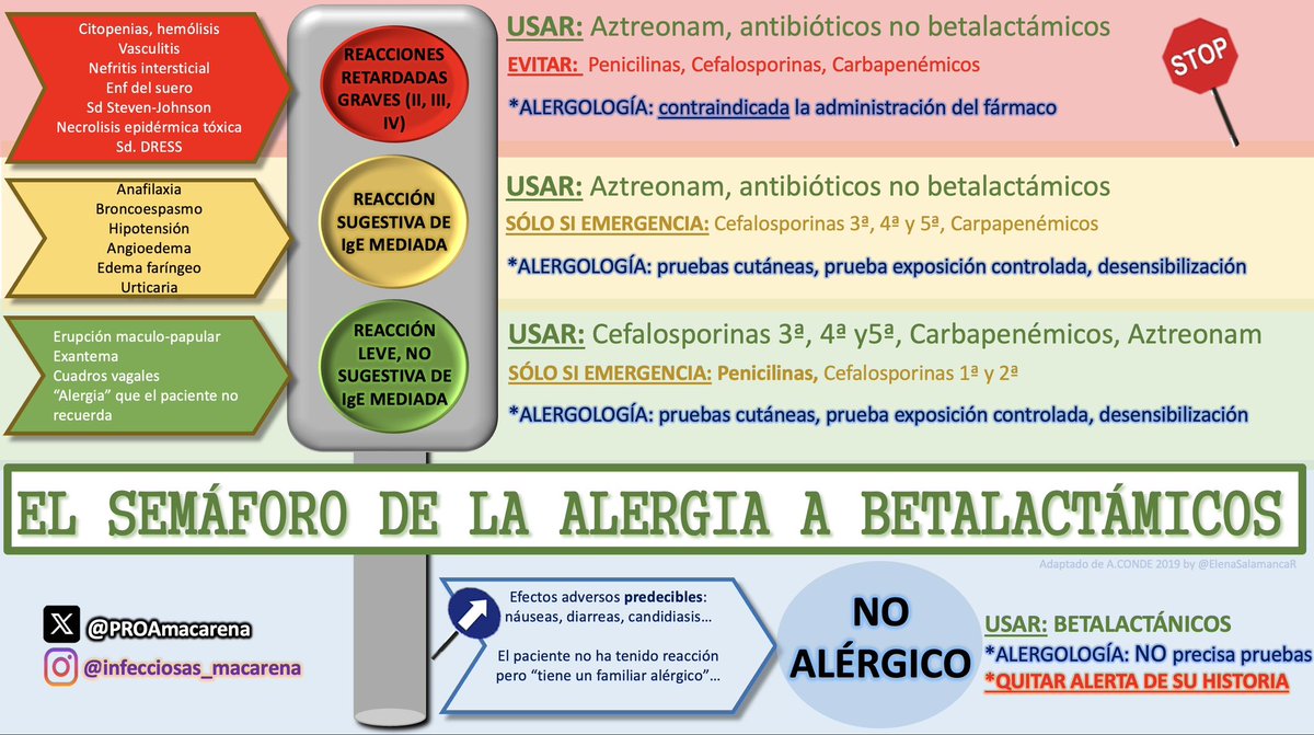 PROAmacarena's tweet photo. 🚦CAMBIO DE LOOK de nuestro ya clásico SEMÁFORO de la ALERGIA a BETALACTÁMICOS de A.Conde @Alergo_macarena 

Qué importante es comprobar/desetiquetar al falso “alérgico a penicilina” y recuperar estos fármacos para cuando son verdaderamente necesarios. https://t.co/qSyqQXKuiv