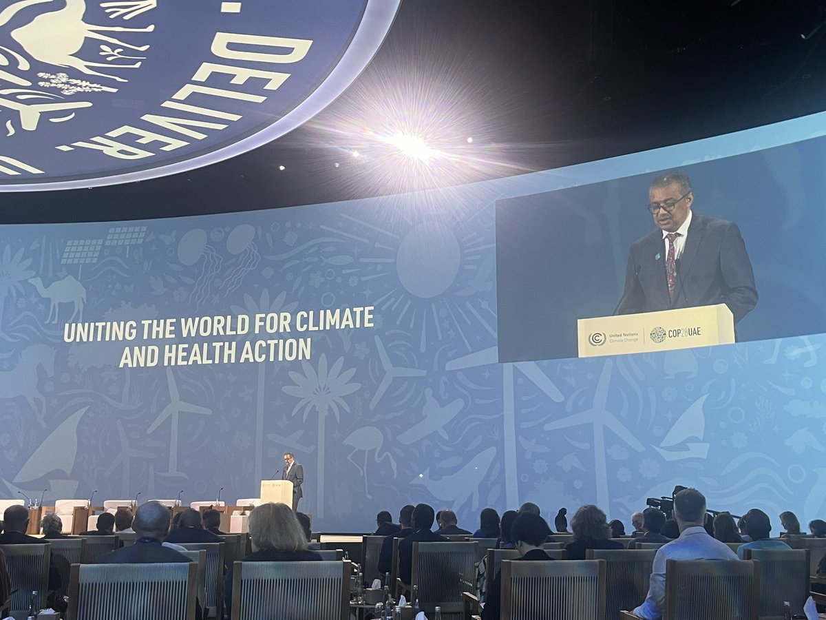DaalenKim's tweet photo. “#Health can be a game changer for #climate action. Health matters for all. 

We cannot maintain health with more climate disasters, more infectious diseases, increased water scarcity and food insecurity.

We need to protect health and the planet.” - @DrTedros @WHO at #COP28 https://t.co/VmvgIaQ8Vg