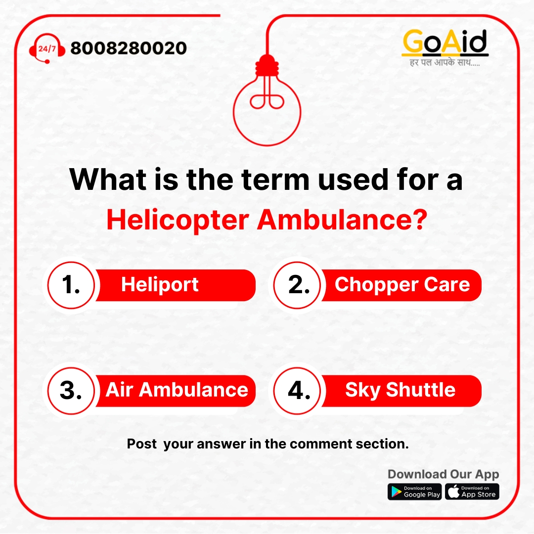 Goaidofficial's tweet photo. Pop quiz time! What’s the buzzword for a helicopter ambulance?
Comment your guess below! 

#emergencycare #firstresponseambulanceservice #indiabestambulanceservice #bekind #selfcare #ambulancematters #ambulanceheros #hearthealth #ambulancesaveslives #heartheroes #quickhelp https://t.co/MWfsPjVlmK