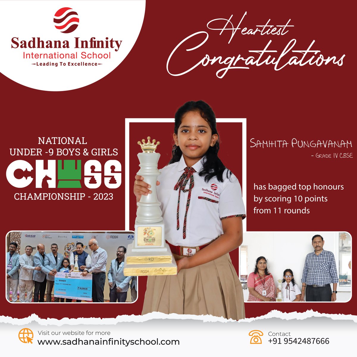 sadhanainfinity's tweet photo. "Work hard in silence, let your success make the noise.” – Frank Ocean
Our little Sadhanite Samhita Pungavanam of Grade IV CBSE, has bagged top honours by scoring 10 points from 11 rounds in The 36th National Under -9 Girls Chess Championship. https://t.co/gax4idM05g