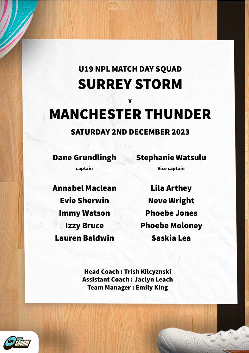 Delighted to share our squad announcements for our #u21 &amp; #u19 opening weekend matches.  Can't wait to see these girls on court later against <a href="/ThunderPathway/">Manchester Thunder Performance Pathway</a> #GameDay #StormRises #aStormisComing #SaturdayMorning #ProudCoach