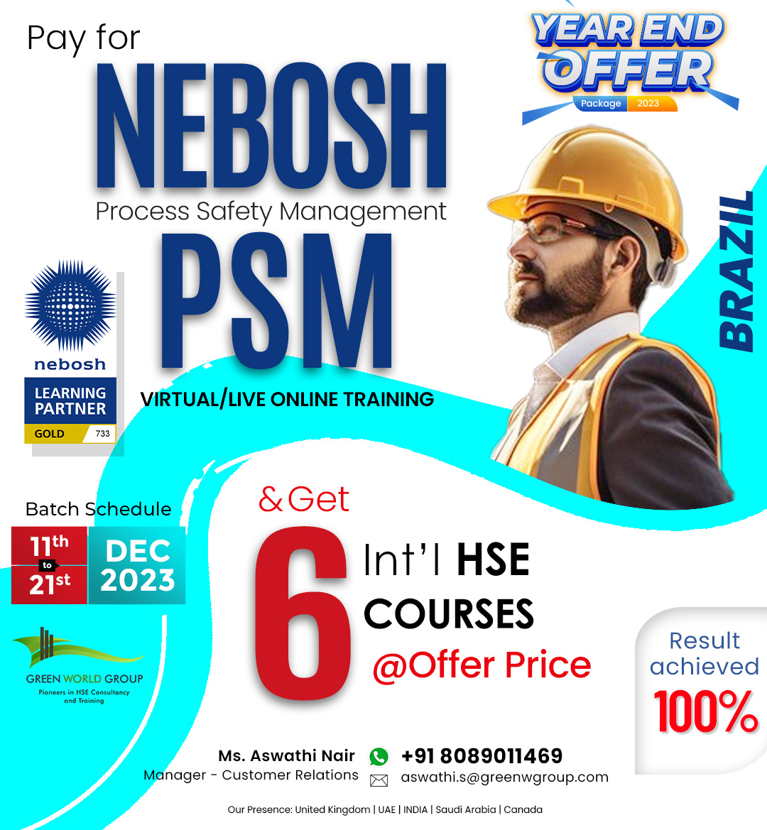 Visit Us : greenwgroup.org  
Contact Us : +918089011469
Email : aswathi.s@greenwgroup.com
greenwgroup.org/training-cours…

#NeboshPSMTraining #GreenWorldGroup #ProcessSafetyManagement #GWGTraining #SafetyExcellence #ProfessionalDevelopment