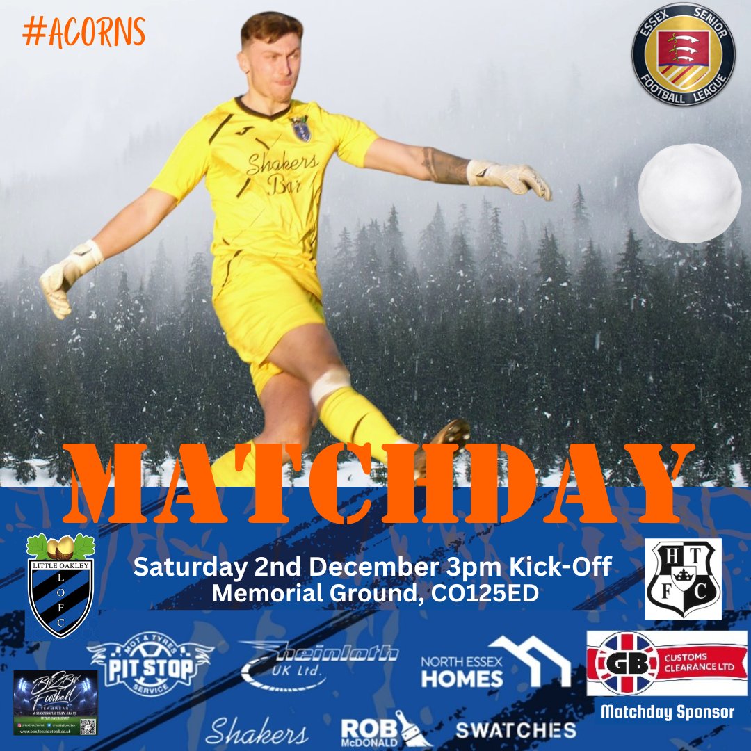 ⚽ It's MATCHDAY !!! ⚽ This afternoon the Acorns welcome @HalsteadTownFC to the Memorial Ground in the Essex Senior League 🏟️ CO125ED 🎟️ £7/£4 Come on you ACORNS A big thank you to gbcustomsclearance.com who are our Match Day sponsors this season ⚫🔵🌰⚫🔵 #groundhopper