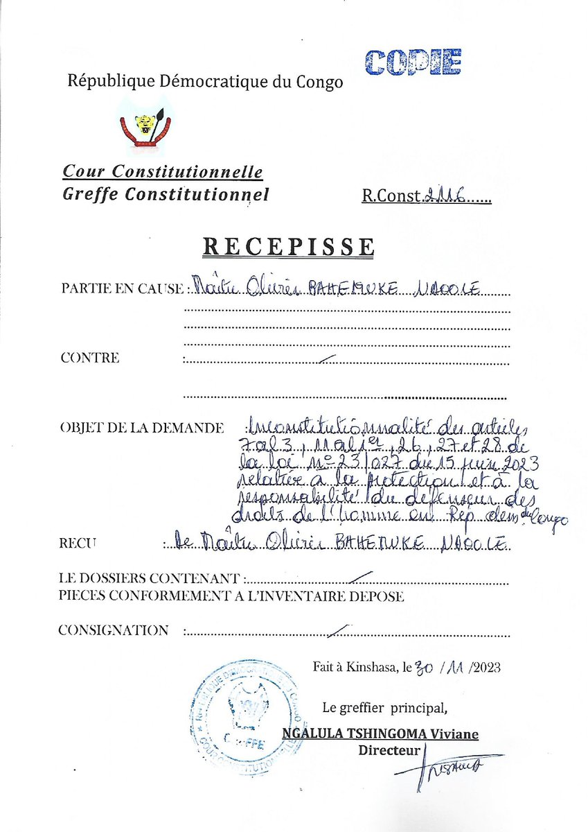 Requête en inconstitutionnalité des articles 7 alinéa 3, 11 alinéa 1er, 26, 27 et 28 de la Loi n°23/027 du 15 juin 2023 relative à la protection et à la responsabilité du défenseur des droits de l’homme en République démocratique du Congo.