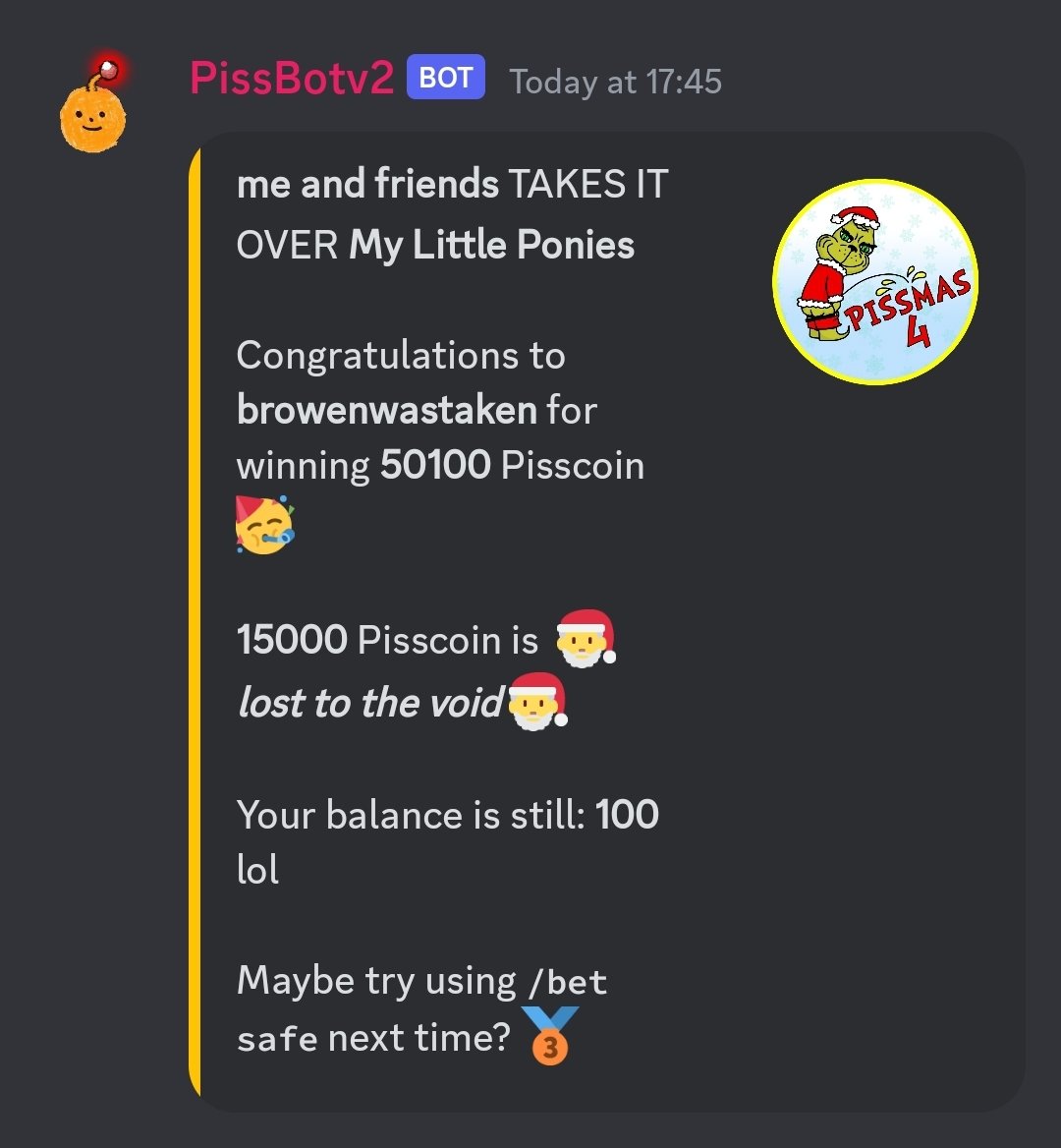 Congratulations to this guy for being the sole winner of pissmas after our crew battle match vs My Little Ponies, bgs <a href="/SSBMAST/">MAST!</a>