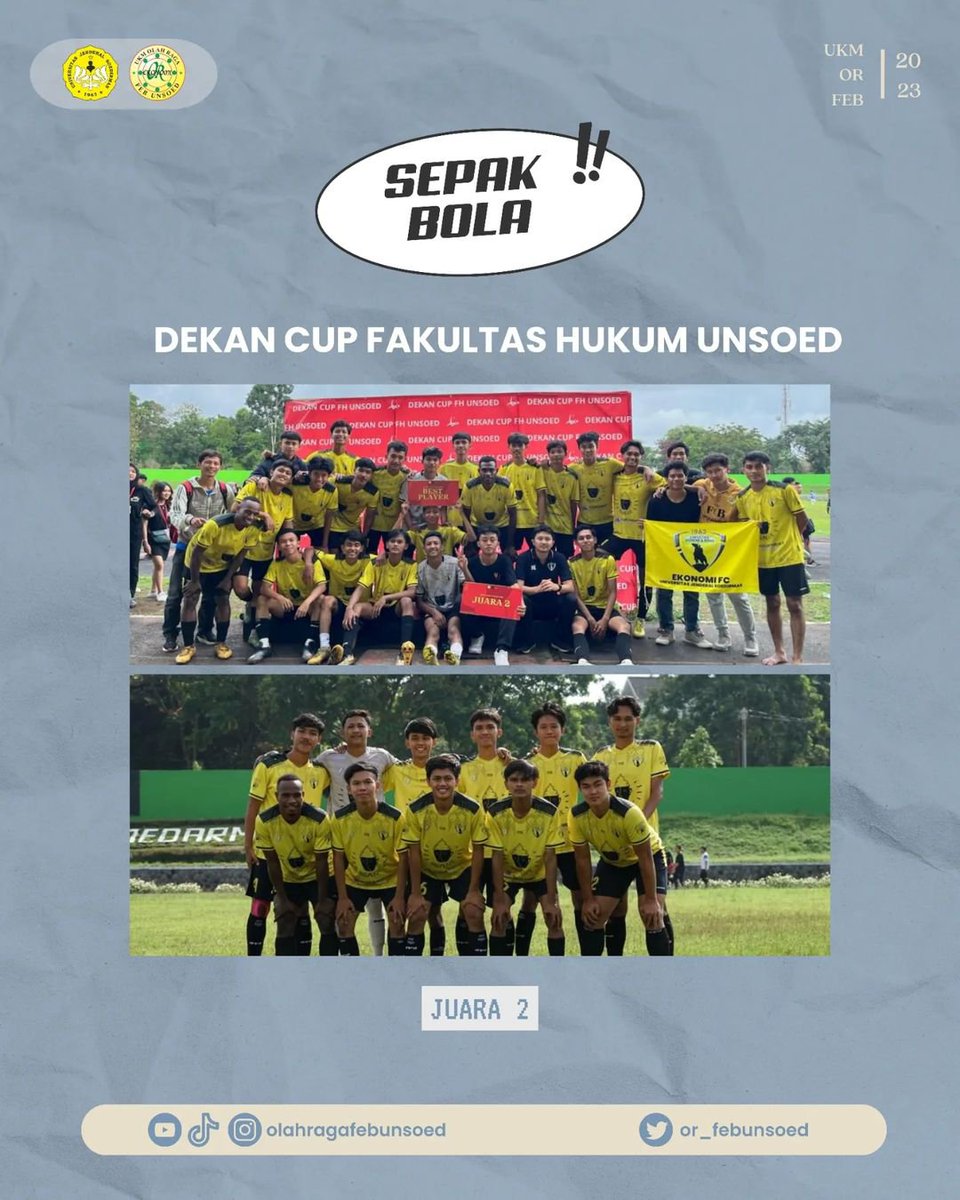 [OR APPRECIATION]

Salam Olahraga 👊🏻

Selamat dan terima kasih atas kerja keras para Atlet Sepak Bola FEB yang telah bertanding di Dekan Cup Fakultas Hukum Unsoed dan meraih juara 2. Semangat terus 🔥

#UKMOR2023
