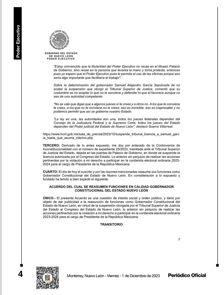 Se publica en el periódico oficial de Nuevo León la reincorporación de Samuel García como gobernador
