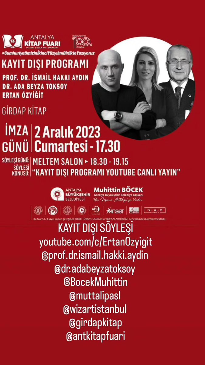 Bugün 2 Aralık 18:30'da 'KAYIT DIŞI' Antalya'da @bircis @adabeyzatoksoy @BocekMuhittin @wizartistanbul @girdapkitap @ANTALYABB