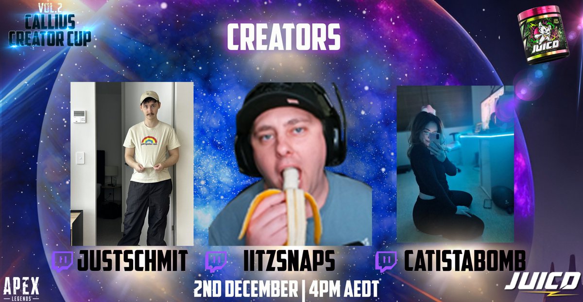 ItsCallius's tweet image. ITS HAPPENING! These three gamers are throwing themselves into the @PlayApex Creator Cup today! 🏆

@justschmit 
@iiTzSnap 
@catistabomb 

Chance to win some amazing prizes sponsored by @JUICDenergy 🎁🎉

See you at 4pm!