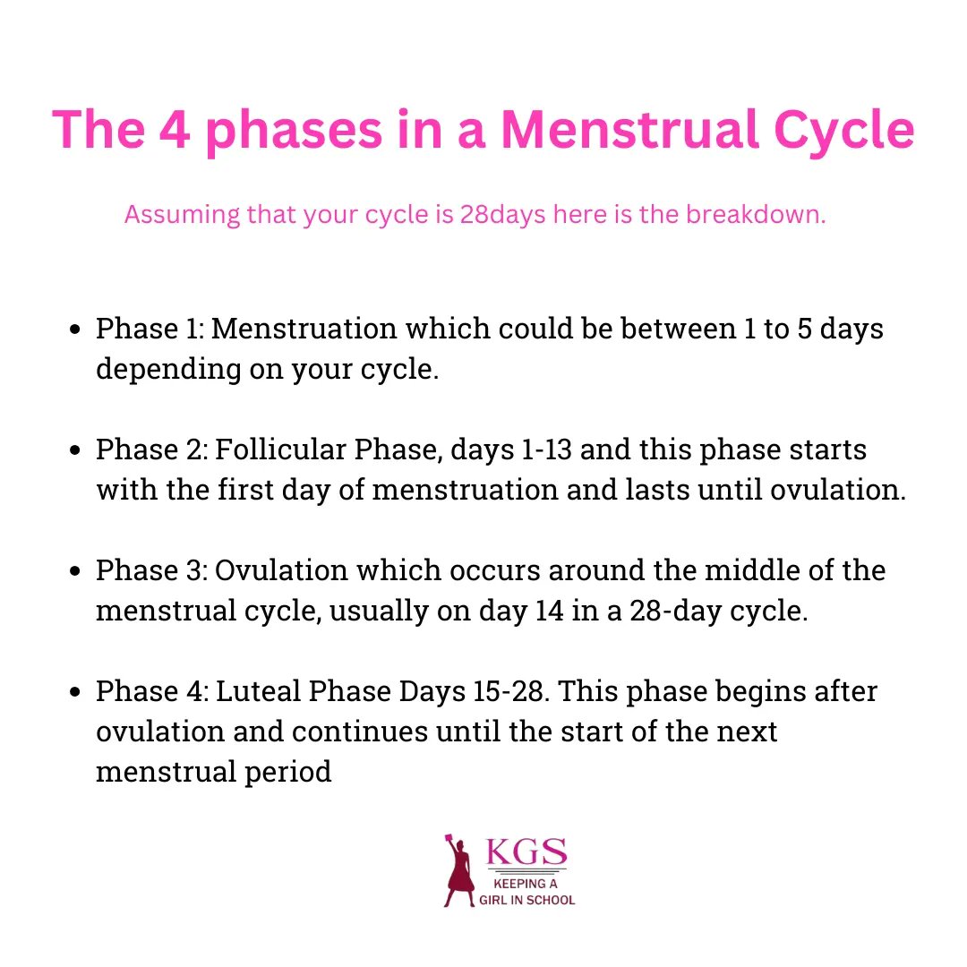 There are 4 different phases in a menstrual cycle.

Note that one cycle can be anything between 21 to 35 days. 28 days is used as an example.
 
#LetsTalkPeriods #usikueMSHY #endperiodshaming