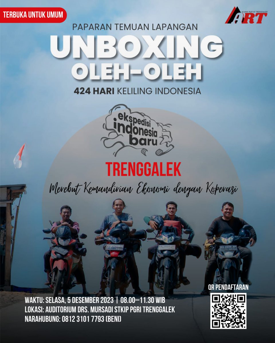 TheRiptaCenter's tweet photo. Coming Soon: unboxing Hasil Keliling Indonesia Ekspedisi Indonesia Baru Selama 424 hari (1 Juli 2022-28 Agustus 2023) oleh Dendy Dwi Laksono, Farid Gaban, Yusuf Priyambodo dan Benaya Harobu bersama Aliansi Rakyat Trenggalek (ART) pada Selasa, 5 Desember 2023. https://t.co/siH1K928RP