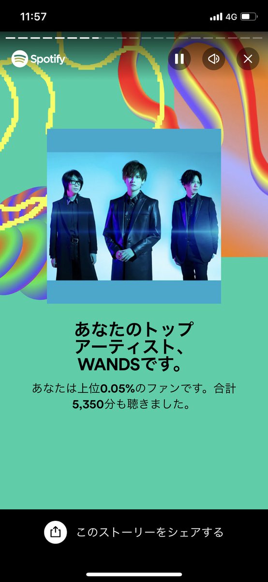 Asa_w0815's tweet photo. Spotifyのこの機能すごい😳
上位0.05％って、ちょっと嬉しいね🥰

#WANDS #Spotify https://t.co/NE1lX5oCGl