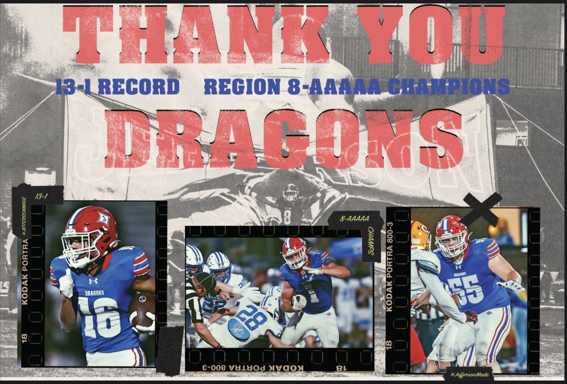 Our Dragons left it all on the field.   It wasn’t the result we wanted but this team will never be forgotten.  

Back2Back Region 8-AAAAA Champions  🏆 🏆 

First Jefferson team to ever start 13-0. 

Thank you Seniors and Thank you #DragonNation 

#JeffersonMade 
#DragonsNeverDie