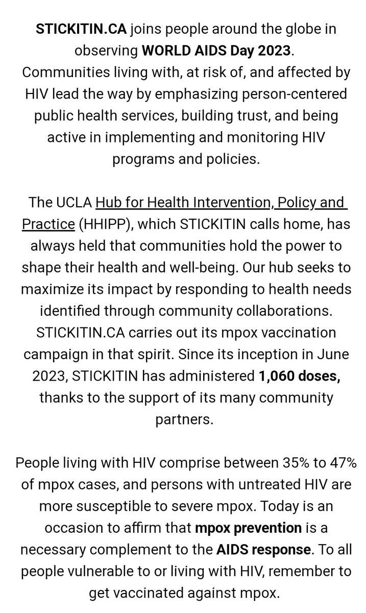 #UCLAHHIPP is observing #WorldAIDSDay by affirming #mpox prevention is a necessary complement to HIV/AIDS response