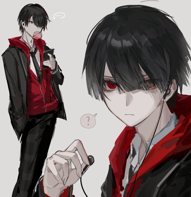 「hair over one eye red hoodie」 illustration images(Latest)