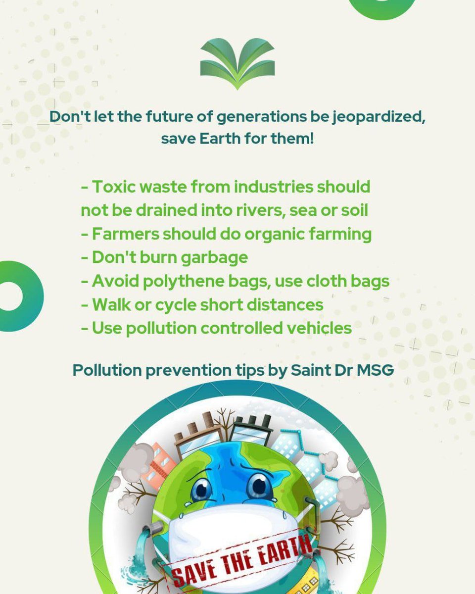To #EndPollution from environment,Saint Ram Rahim Ji has initiated many efforts with the followers of Dera Sacha Sauda such as:
👉Use of cotton bags
👉Don't burn stubble
👉cycling or walking to cover short distance
👉Cleanliness & plantation campaign #WorldPollutionPreventionDay