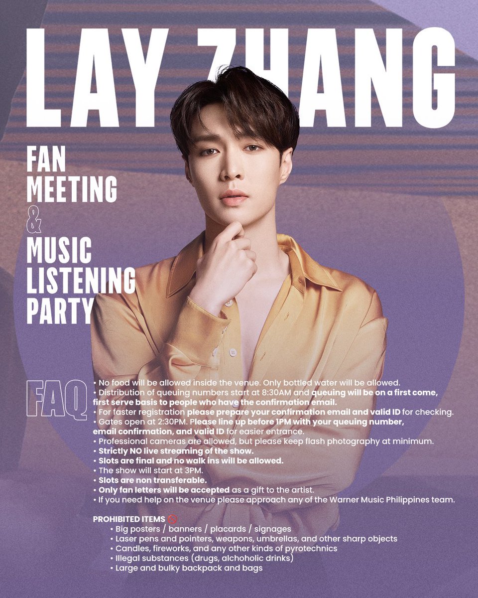 WarnerMusicPH's tweet photo. XBACKs, get your gears ready for the Lay Zhang Manila Fanmeet! Here are some helpful guidelines to have the best experience on Monday ✨

Are you all ready? 💜🫶 
#LayZhangManilaFanmeet https://t.co/H0oofWomXM