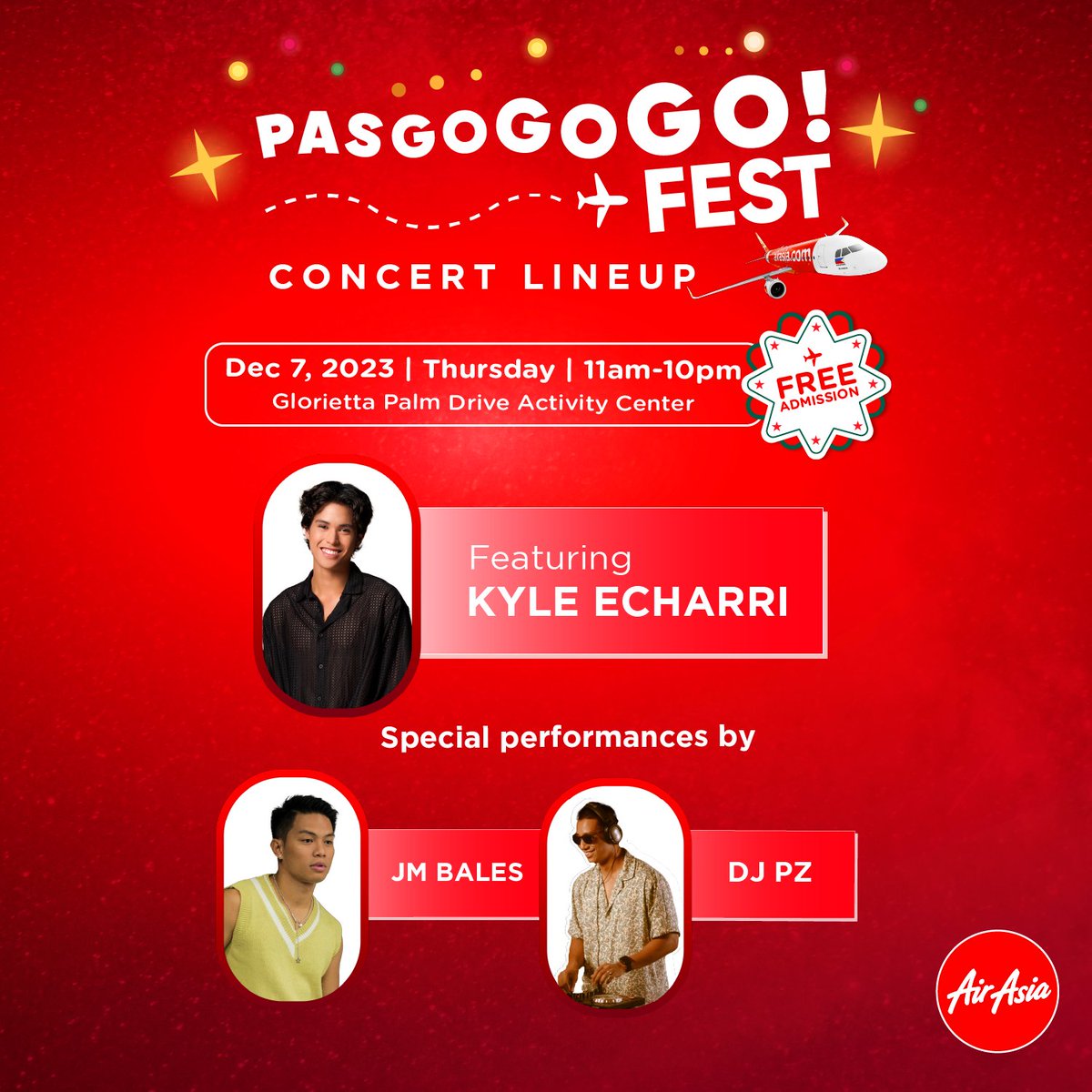 Excited for the #AirAsiaPasGOGOGO Fest Concert?🤩 CatchKyle Echarrii and special performances by JM Baless, DJ PZ, AirAsia Allstars, and other surprise guests! Follow us on Facebook and join the event page!📲 air.asia/zMABX #FlyAirAsia #FlywiththeChampion