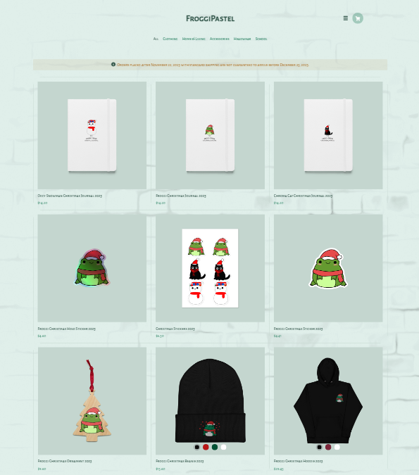 FroggiPastel's tweet photo. The Christmas Merch Is Now Live! 

All money made from the Christmas merch sales will go towards the charity!

To see the options, go to: https://t.co/MBlXAWxzIh https://t.co/lJdF0vqc7i