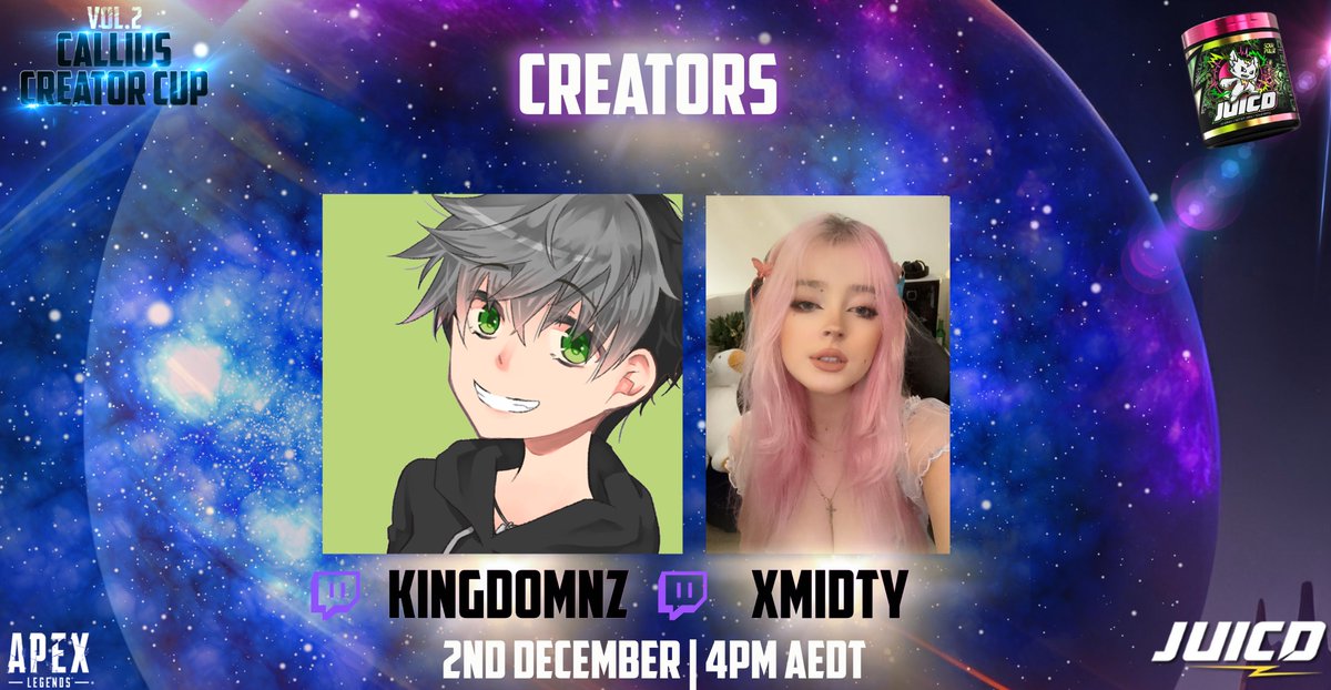 ItsCallius's tweet image. ITS THE FINAL TWO CAPTAINS in the @PlayApex Creator Cup! 🚀🏆

@KingdomNZ_ 
@xmidty 

Starting today 4pm AEDT - Can win Prizes for just coming in and saying hi! Sponsored by our friends at @JUICDenergy 🫡🎉

See you there! T-minus one hour!
