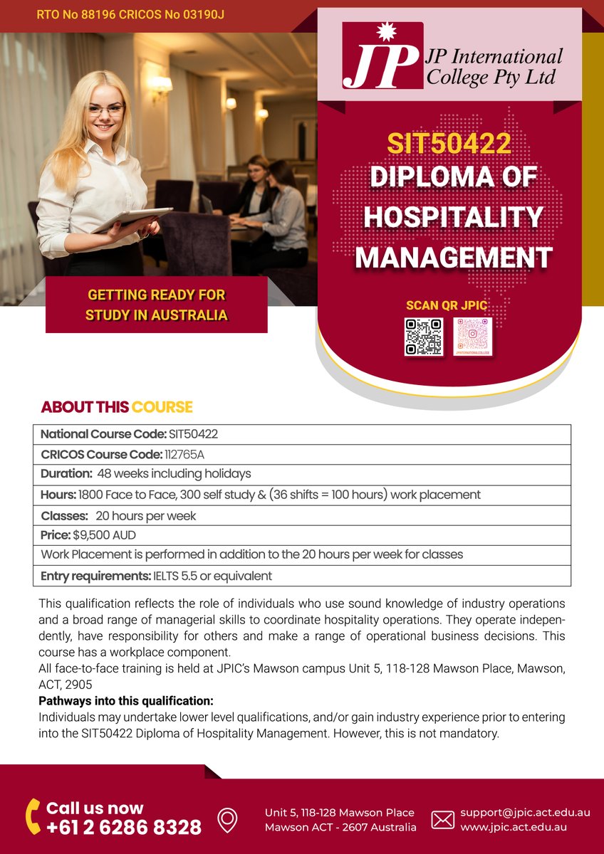 JP International College (@jpinternation15) on Twitter photo SIT50422 Diploma of Hospitality Management
For more information:
jpic.act.edu.au
marketing@jpic.act.edu.au
+61 262868328
#JPIC
#StudyInAustralia
#HospitalityEducation
#CanberraCollege
#GlobalHospitality
#ManagementCourses SIT50422 Diploma of Hospitality Management
For more information:
jpic.act.edu.au
marketing@jpic.act.edu.au
+61 262868328
#JPIC
#StudyInAustralia
#HospitalityEducation
#CanberraCollege
#GlobalHospitality
#ManagementCourses