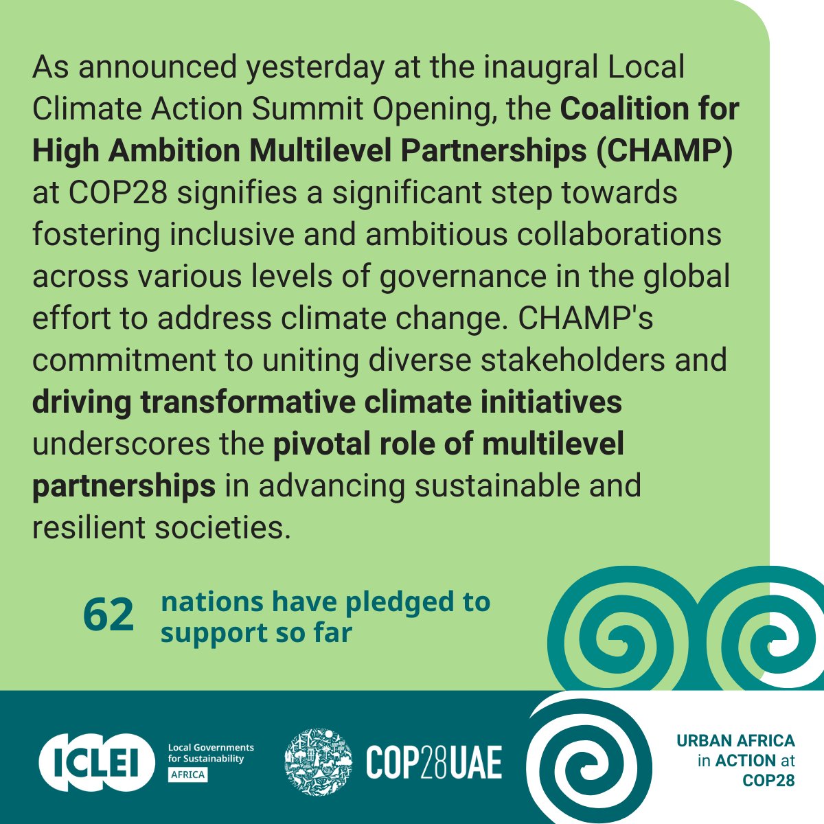 ICLEIAfrica's tweet photo. We're thrilled to hear the announcement of Coalition for High Ambition Multilevel Partnerships (CHAMP) and extend our heartfelt congratulations to the first 11 African countries for endorsing this impactful initiative. #CHAMP #AfricanClimateAction 🌍 https://t.co/V1VnSxBjYf