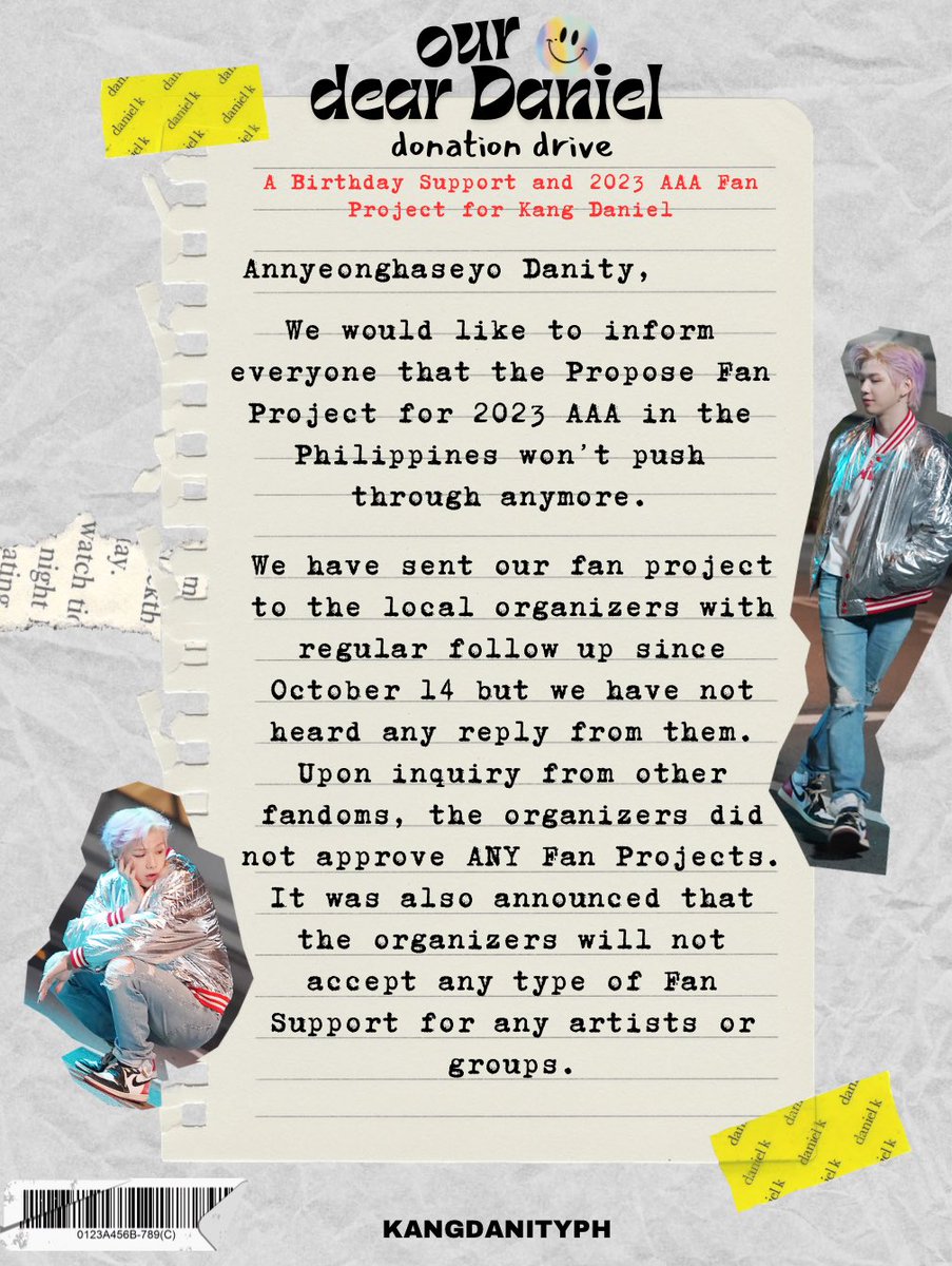 kangdanityph's tweet photo. ๐๐พ๐ป ๐๐ฎ๐ช๐ป ๐๐ช๐ท๐ฒ๐ฎ๐ต
Annyeonghaseyo Danity!
Due to unforeseen circumstances, we would like to inform you that our #OurDearDaniel Proposed Fan Project wonโt be pushing through anymore.
We would like to ask for your understanding, thank you.
Kindly read statement below. https://t.co/HPdOQuNzPj